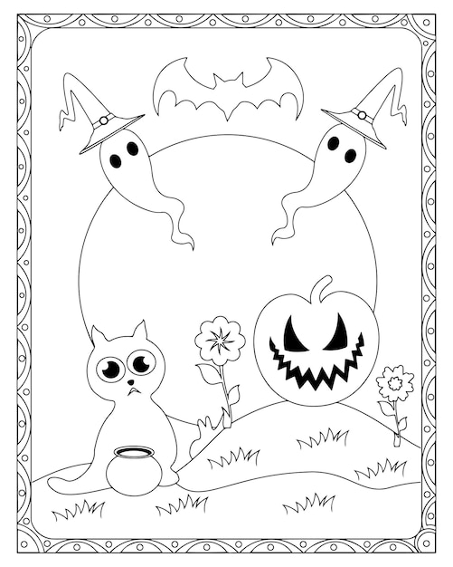 Vector halloween cat coloring page premium vector