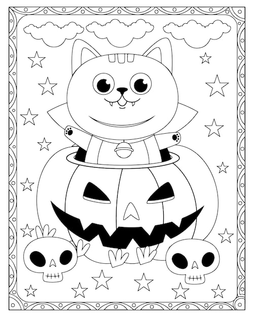 Halloween Cat Coloring Page Premium Vector