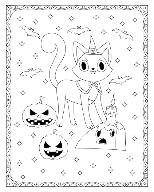 Vector halloween cat coloring page premium vector