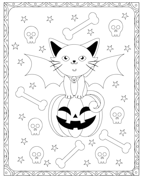 Halloween Cat Coloring Page Premium Vector