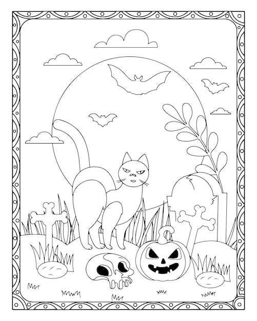 Pagina da colorare del gatto di halloween vettore premium