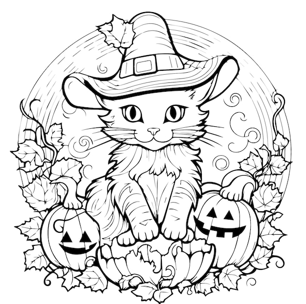 Vector halloween cat coloring page