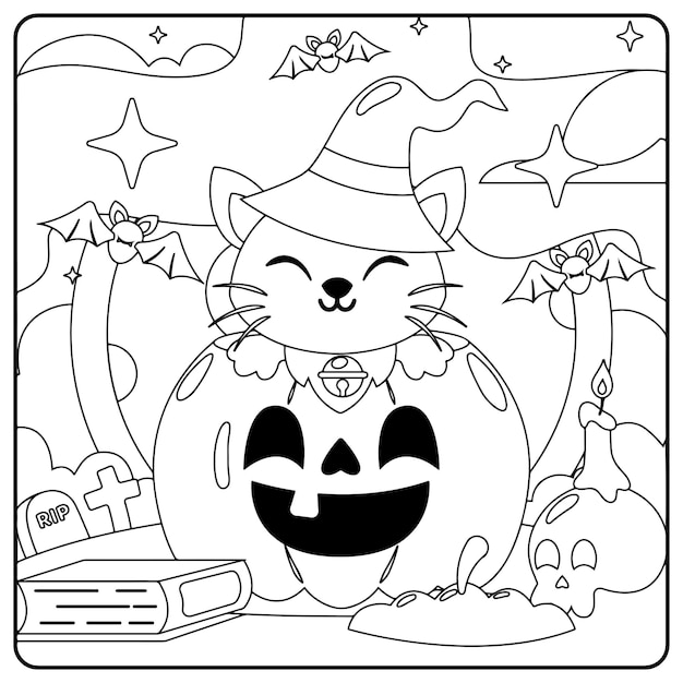 子供のためのハロウィーンの猫のぬりえ