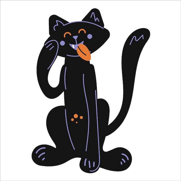 Halloween cat. Cute black cat character is pretty washing his paw and showing his tongue.