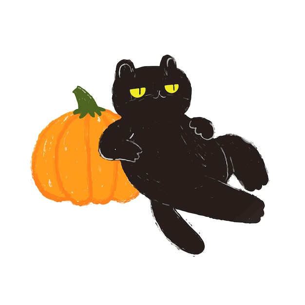 Halloween cat. Fat cute black Halloween cat is sitting on pumpkin. Hand drawn doodle cat on orange