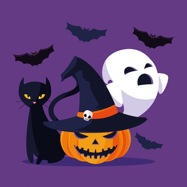 Fantasma e zucca del gatto di halloween