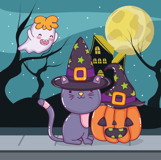 Halloween cat and ghost