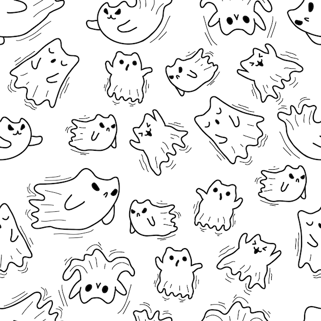 Modello senza cuciture dei fantasmi del gatto di halloween doodle carino sfondo dello spirito del gatto kawaii stock vettore piatto