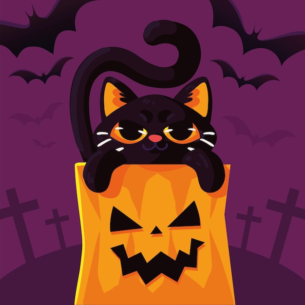 Vector halloween cat on pumpkin