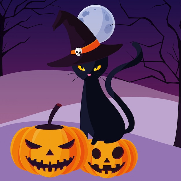 Cartoni animati di gatto e zucche di halloween