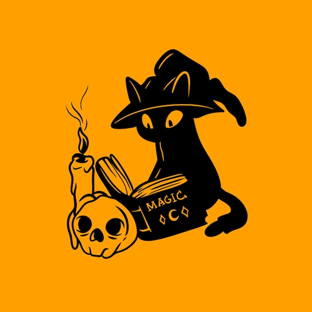 Halloween cat reading book of magic skull and candle light vector silhouette mascot logo illustration