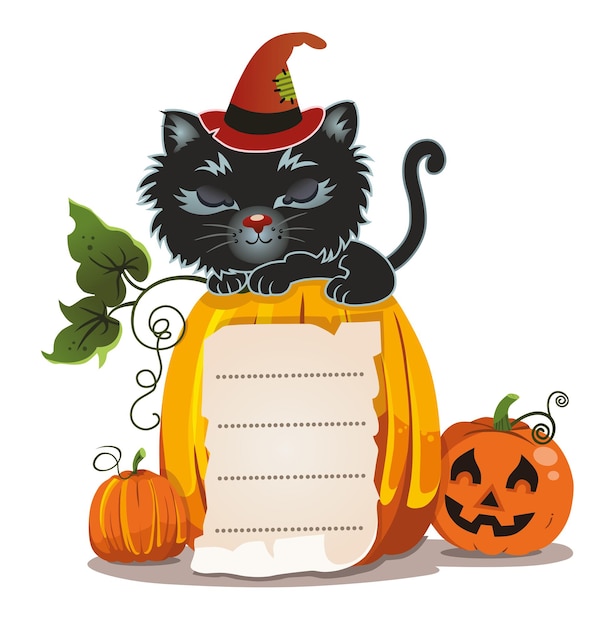 Gatto di halloween con illustrazione vettoriale di zucche