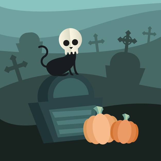 Gatto di halloween con teschio al design del cimitero, tema spaventoso