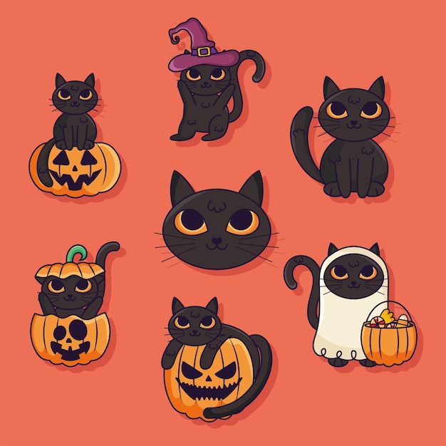 Набор иконок хэллоуинских кошек