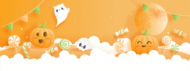 Halloween celebration banner with pumpkin and ghost.