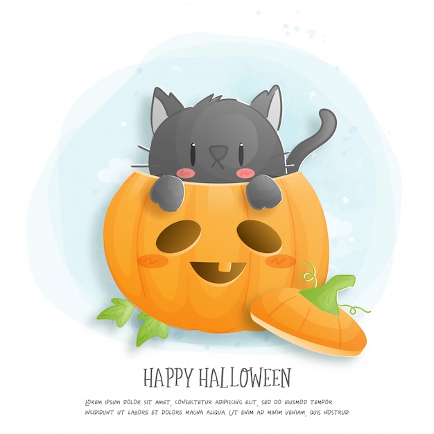 Halloween celebration card  with cat and pumpkin.