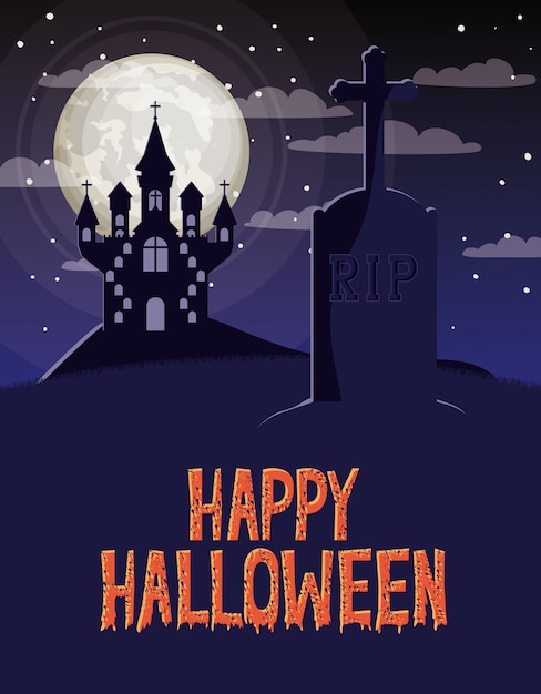 Halloween celebration card with cemetery and castle scene