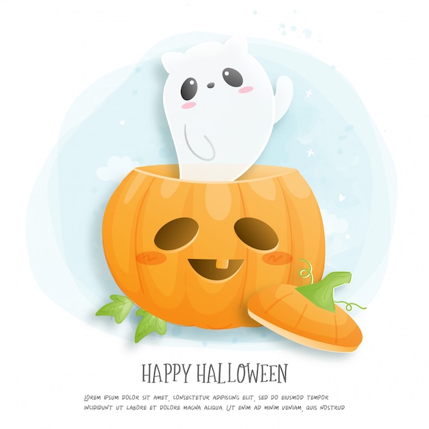 Halloween celebration card  with ghost and pumpkin.