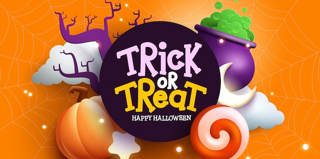 Vector halloween celebration vector concept design. trick or treat text in circle template with halloween.