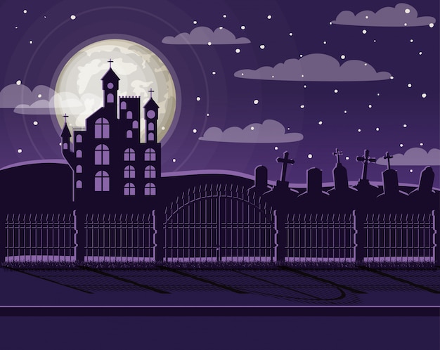 Vector halloween celebration with cemetery and castle scene