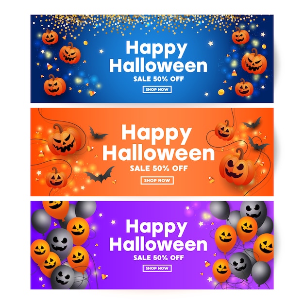 Halloween celebration with scary face of pumpkins, bats, candies, gold confetti decoration black balloons