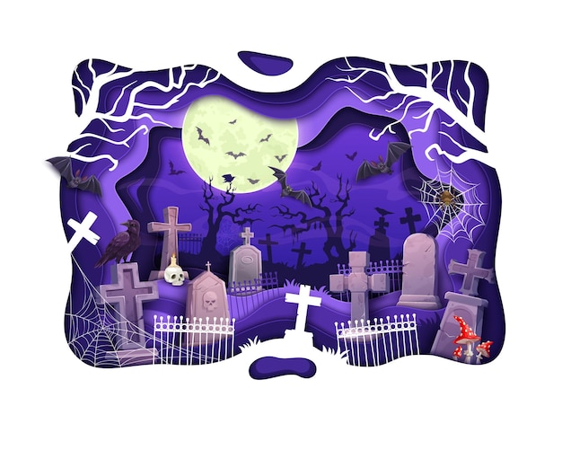 Halloween cemetery paper cut Vector 3d effect papercut design night graveyard landscape with tombs scary raven birds spooky bats amanita mushrooms and tree silhouettes under moonlight glow