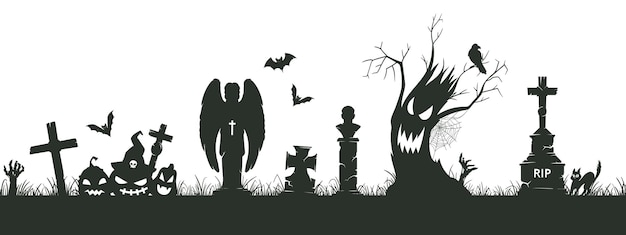 Halloween cemetery silhouette border Spooky graveyard silhouettes creepy halloween decoration with scary trees and gravestones flat vector illustration
