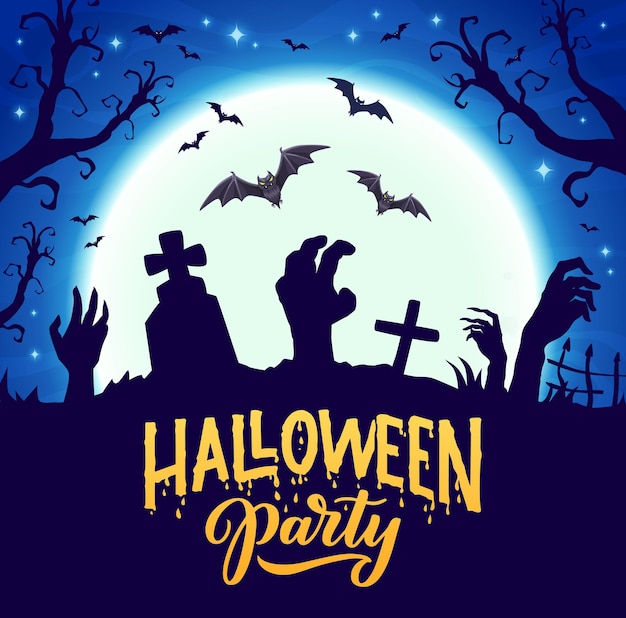 Halloween cemetery silhouette with zombie hands vector party banner with night graveyard and sticking arms on full moon background with cross tombs scary bats and trees cartoon spooky greeting card