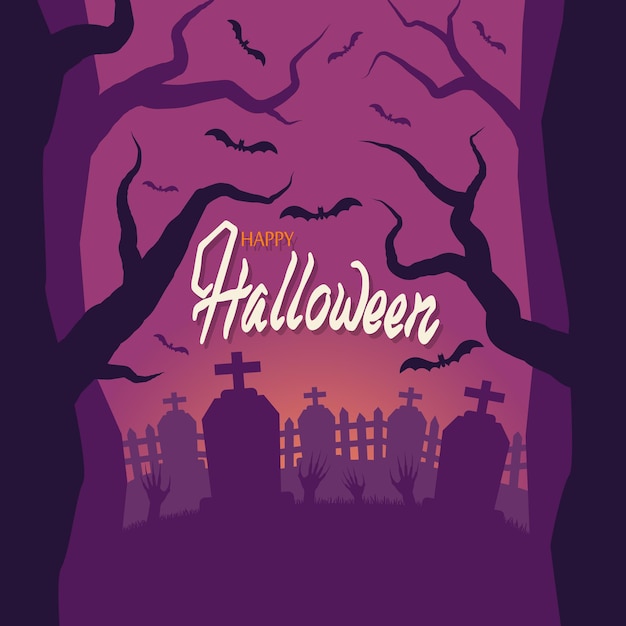 halloween. cemetery, zombie hands stick out of the ground. fence, grave. sunset, terrible trees. the bats. 10 eps