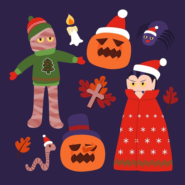 Halloween Character Dressing in Christmas Costume Vector Illustration