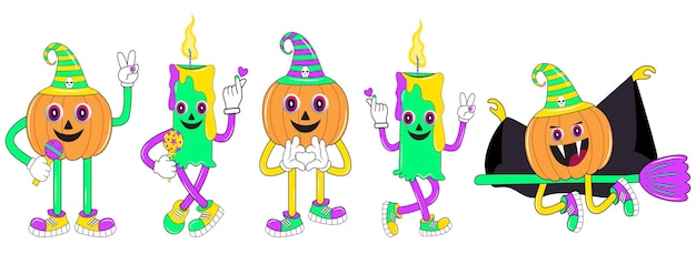 Personaggio di halloween impostato in stile fumetto cartone animato e set di toppe di halloween per il design.