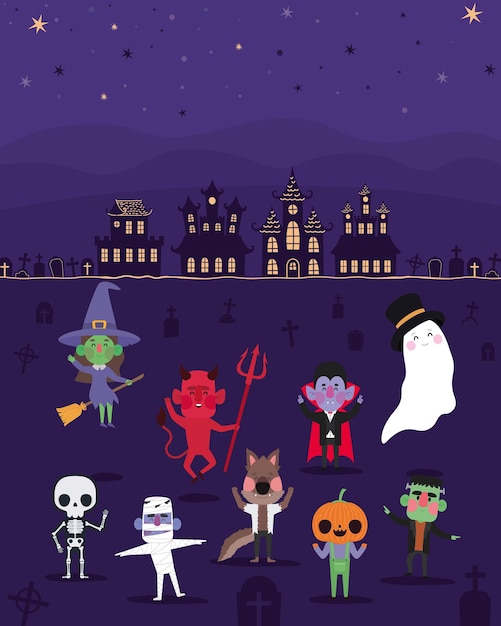 Halloween characters and cemetery