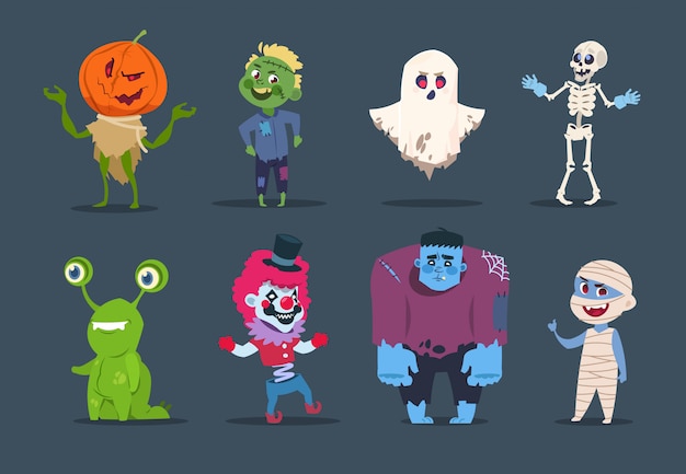 Хэллоуин персонажи. милые монстры и дети одеваются в костюмы хэллоуина.