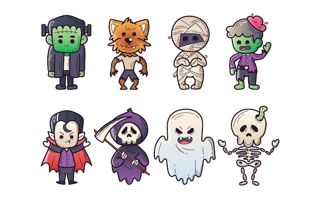 Vector halloween characters dracula vampire werewolf zombie mummy ghost frankenstein monster pumpkin