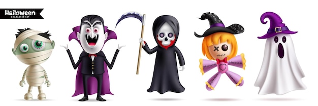 Halloween characters monsters vector set design Halloween character like ghost vampire grim