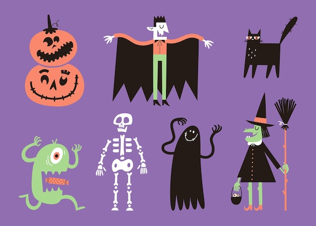 Personaggi di halloween impostati in un semplice stile disegnato a mano