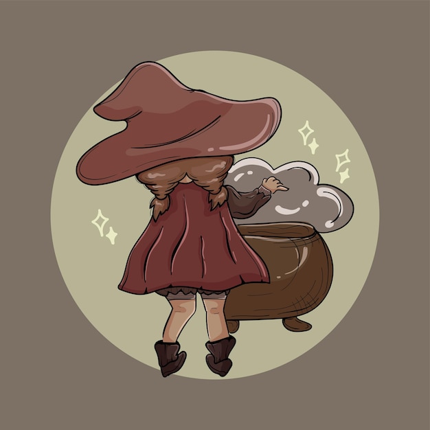 Halloween Chibi Witch Witchcraft Mixing a Magic Potion Illustration