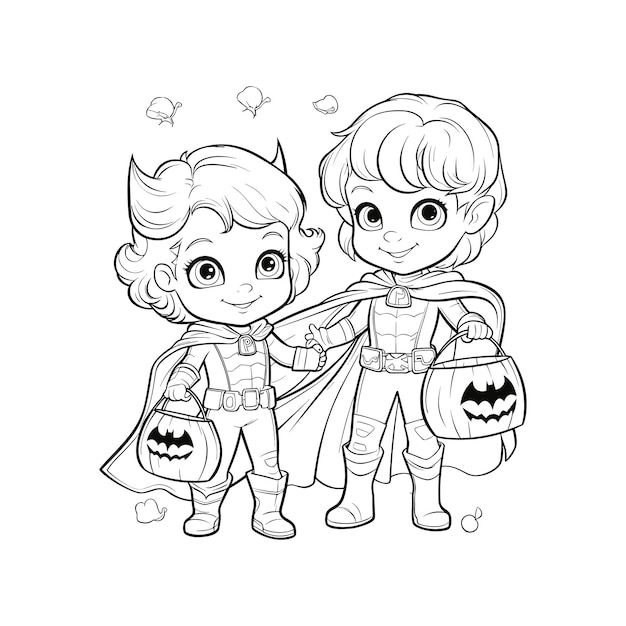 Vector halloween children in devil and superhero costumes