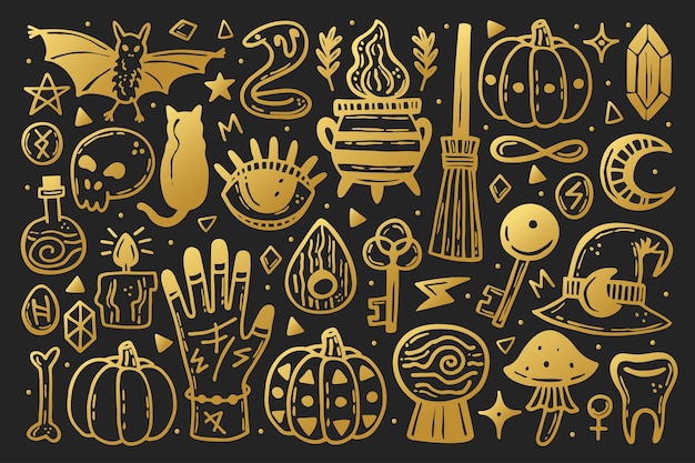 Halloween clip art set of elements.  Golden style