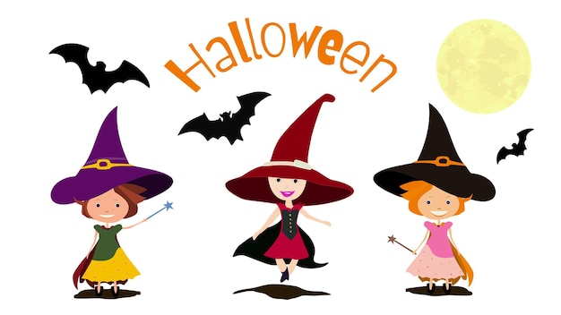 Set di clipart di halloween con tre pipistrelli streghe e luna isolati su sfondo bianco elemento di design