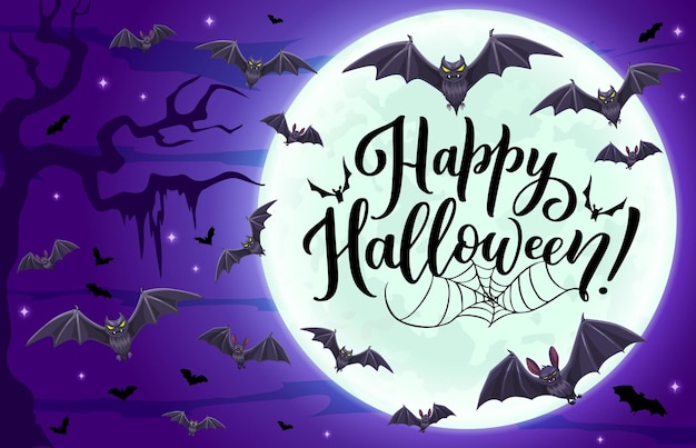 Nuvola di halloween di pipistrelli volanti priorità bassa di vettore di vacanza di notte horror con luna di mezzanotte cartolina d'auguri felice di halloween con pipistrelli vampiri raccapriccianti e ragnatela o sfondo ragnatela