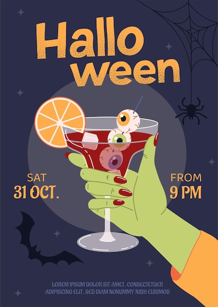 Halloween cocktail poster symbool van internationale vakantie en festival angst en verschrikking hand met glas met rood drankje met sinaasappelschijf drank en smakelijke vloeistof cartoon vlakke vector illustratie