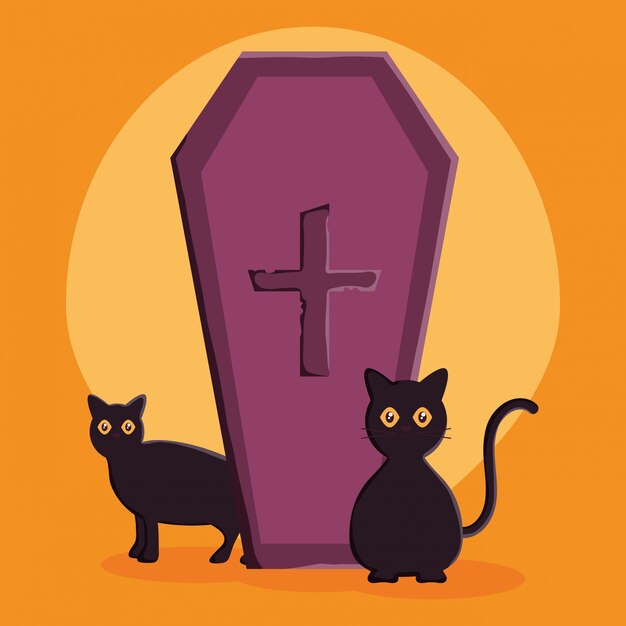 Halloween coffin and cats illustration