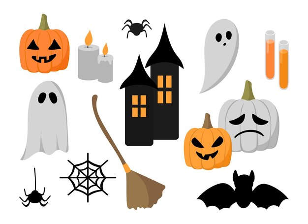 Вектор Цветная коллекция хэллоуина. набор иконок. наклейки. векторные элементы. тыквы. призрак. летучая мышь. замок паука.