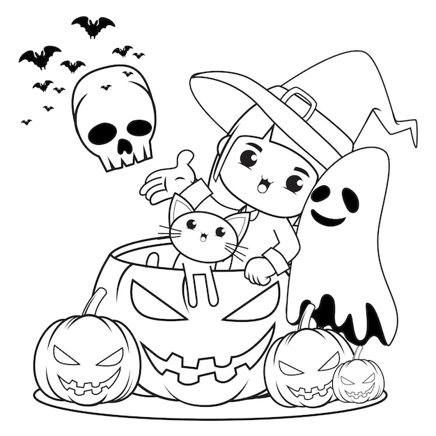 Vector halloween coloring book cute little girl witch14