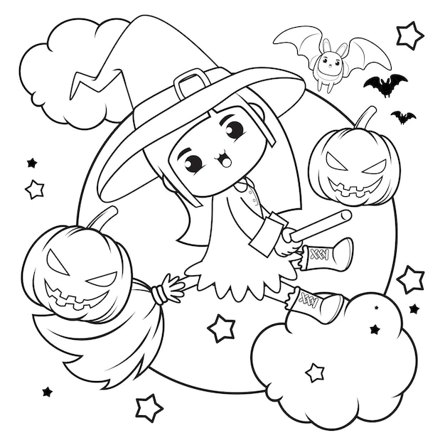 Vector halloween coloring book cute little girl witch1