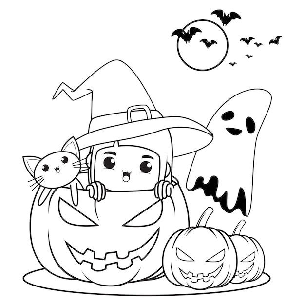 ハロウィン塗り絵かわいい女の子魔女21