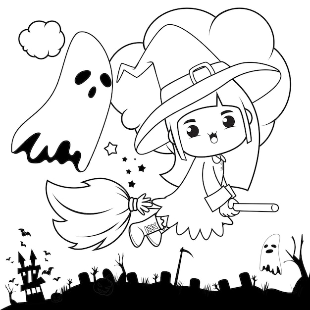 ハロウィンの塗り絵かわいい女の子witch3