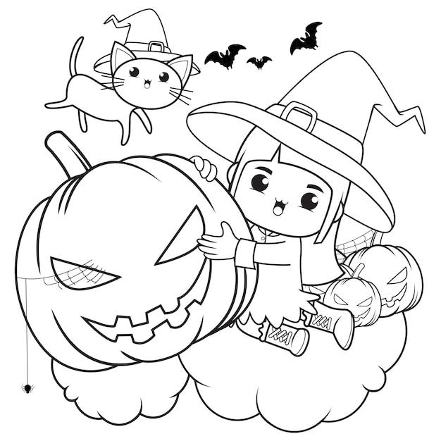 Vector halloween coloring book cute little girl witch6