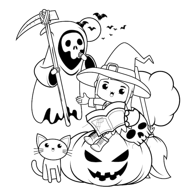 halloween coloring book with cute girl for kids